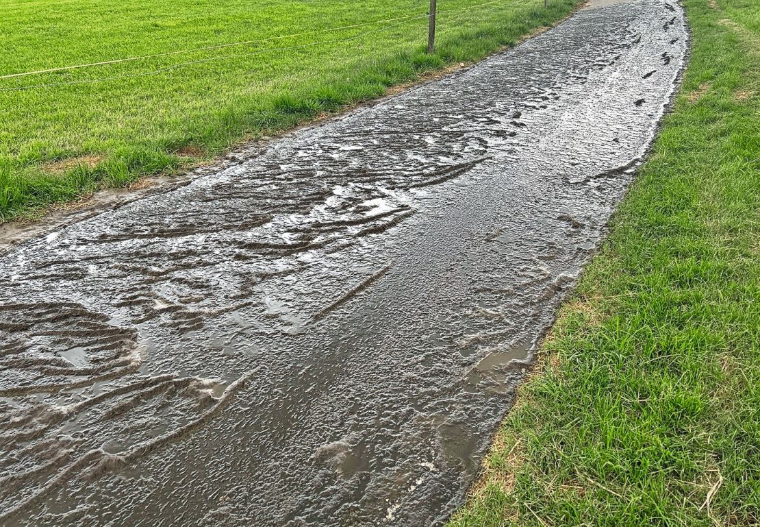 Mit Gülle verschmutzte Strasse.