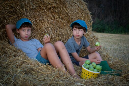 2 Jungen sitzen im Heu und essen Äpfel